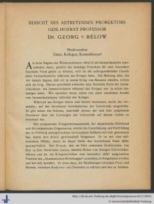 Bericht des abtretenden Prorektors Geh. Hofrat Professor Dr. Georg v. Below.