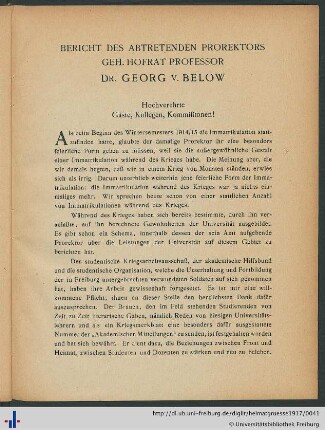 Bericht des abtretenden Prorektors Geh. Hofrat Professor Dr. Georg v. Below.