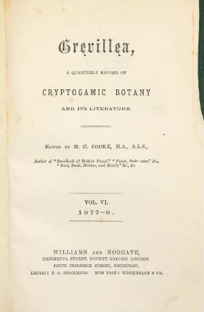 Grevillea : a monthly record of cryptogamic botany and its literature. 6. 1877/78