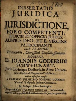 Dissertatio Iuridica De Iurisdictione, Foro Competenti, Iudiciis, Et Officio Iudicis