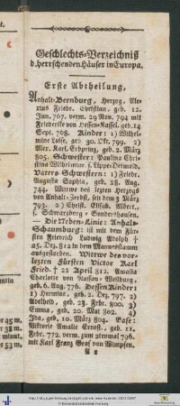 Geschlechts-Verzeichniß der herrschenden Häuser in Europa. Erste Abtheilung.