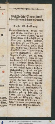 Geschlechts-Verzeichniß der herrschenden Häuser in Europa. Erste Abtheilung.