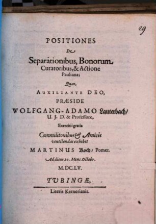 Positiones De Separationibus, Bonorum Curatoribus, & Actione Pauliana