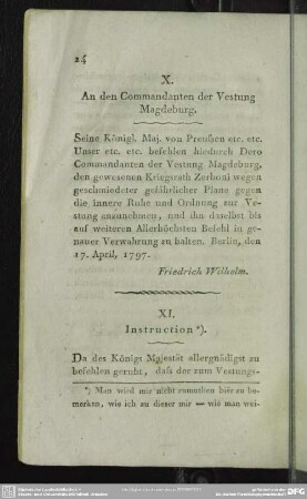X. An den Commandanten der Vestung Magdeburg