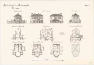 Schlachthof und Viehmarkt, Breslau Pförtnerhaus: Grundriss Kellergeschoss Erdgeschoss 1. Obergeschoss Dachgeschoss Querschnitte Längsschnitt Vorderansicht Seitenansicht Hinteransicht 1:100