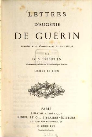 Lettres d'Eugénie de Guérin : publiées avec l'assentiment de sa famille