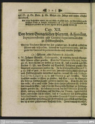 Cap. XII. Von denen Evangelischen Pfarrern, Adjuncten, Superintendenten und General-Superintendenten zu Hildburghausen