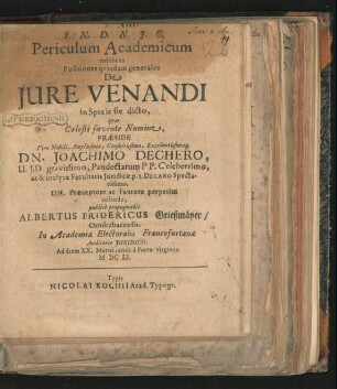Periculum Academicum exhibens Positiones quasdam generales De Iure Venandi in Specie sic dicto