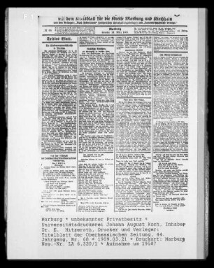 Titelblatt der Oberhessischen Zeitung, 44. Jahrgang, Nr. 68