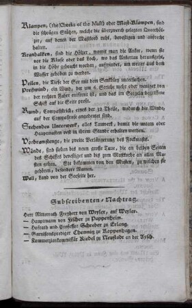 Erklärung der in diesem Bande vorkommenden und insonderheit bey Seeleuten gebräuchlichen Kunstwörter (Fortsetzung)