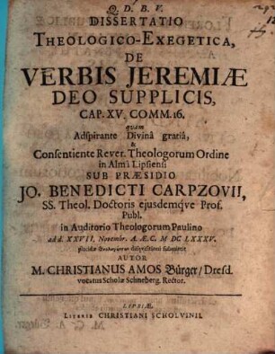 Diss. theologico-exegetica de verbis Jeremiae Deo supplicis, cap. XV. comm. 16