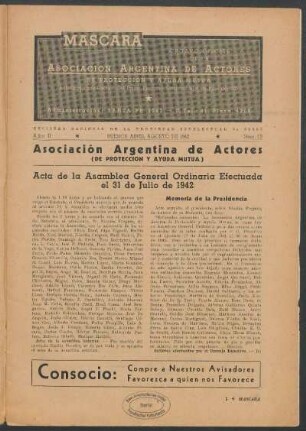Asociación Argentina de Actores (De Proteccion y ayuda Mutua) : Acta de la Asamblea General Ordinaria Efectuada el 31 de Julio de 1942