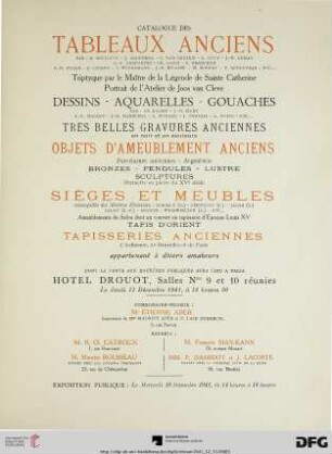 Catalogue des tableaux anciens : par: B. Bellotto ... ; dessins, aquarelles, gouaches ... très belles gravures anciennes en noir et en couleurs, objets d'ameublement anciens ... sièges et meubles ... tapis d'orient, tapisseries anciennes ... appartenant à divers amateurs ; Hotel Douot, le jeudi 11 décembre 1941