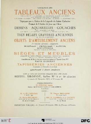 Catalogue des tableaux anciens : par: B. Bellotto ... ; dessins, aquarelles, gouaches ... très belles gravures anciennes en noir et en couleurs, objets d'ameublement anciens ... sièges et meubles ... tapis d'orient, tapisseries anciennes ... appartenant à divers amateurs ; Hotel Douot, le jeudi 11 décembre 1941