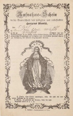 Aufnahme-Schein der Anne Weis in die Bruderschaft des heiligen und unbefleckten Herzens Maria