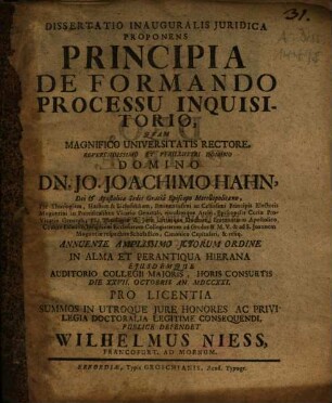 Dissertatio Inauguralis Iuridica Proponens Principia De Formando Processu Inquisitorio