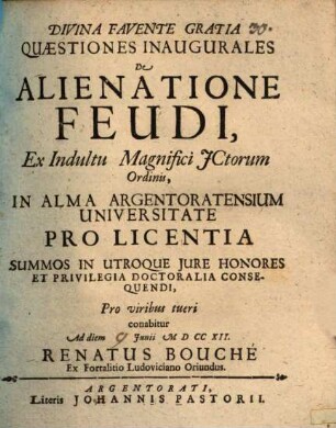 Quaestiones inaug. de alienatione feudi