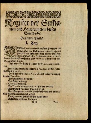 Register der Sum[m]arien und Hauptpuncten dieses Standbuchs