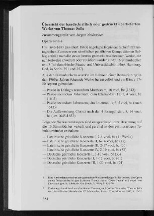 Übersicht der handschriftlich oder gedruckt überlieferten Werke von Thomas Selle