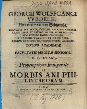 Georgii Wolffgangi VVedelii, Hereditarii in Schwartza ... et Facvltatis Medicae Senioris H.T. Decani, Propempticon Inaugurale De Morbis Ani Philistaeorvm