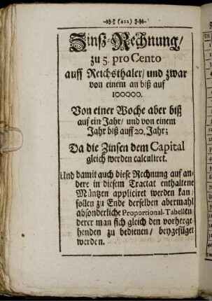 Zinß-Rechnung, zu 5. pro Cento auff Reichsthaler, und zwar von einem an biß auf 1000000. [...]