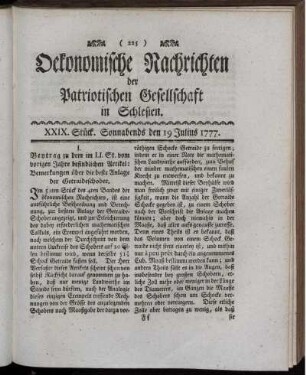 XXIX. Stück. Sonnabends den 19 Julius 1777.