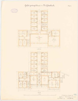 Amtsgericht und Gefängnis, Mönchengladbach: Gefängnis: Grundriss 1. und 2. Obergeschoss 1:100