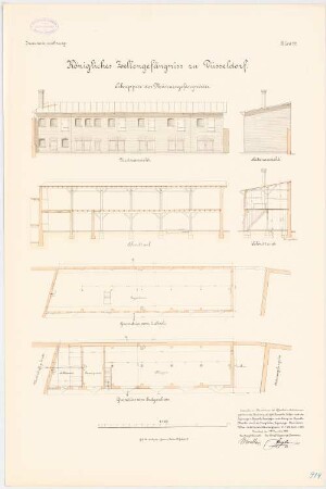 Zellengefängnis, Düsseldorf Schuppen des Männergefängnisses: Grundriss EG, 1. OG, Längsschnitt und Querschnitt, Vorderansicht und Seitenansicht 1:100