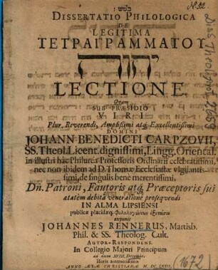 Dissertatio Philologica De Legitima Tetragrammatu YHWH Lectione
