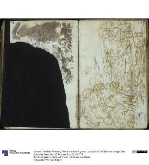 Zwei männliche Figuren / Landschaft mit Bäumen und großem Gebäude