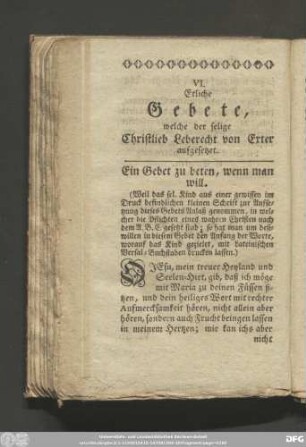VI. Etliche Gebete, welche der selige Christlieb Leberecht von Exter aufgesetzet.
