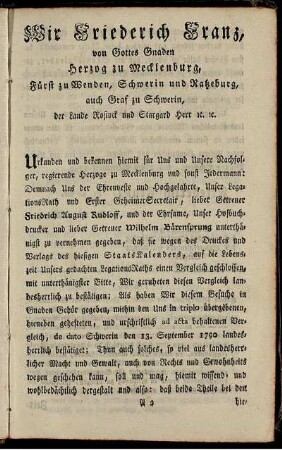 Wir Friederich Franz, von Gottes Gnaden Herzog zu Mecklenburg, [...]