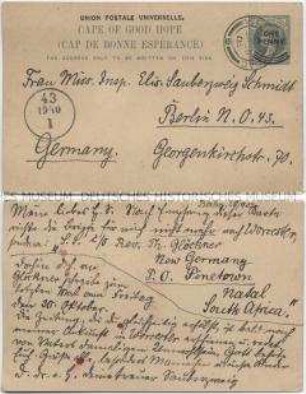 Postkarte des Missionsinspektors Pastor Gabriel Sauberzweig-Schmidt von seiner Visitationsreise in Afrika an seine Ehefrau u.a. über seine zukünftige Postadresse