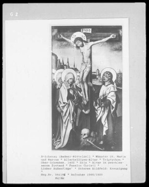 Allerheiligen-Altar — Altar in geschlossenem Zustand. Passion Christi — Linker Außenflügel — Unteres Bildfeld: Kreuzigung