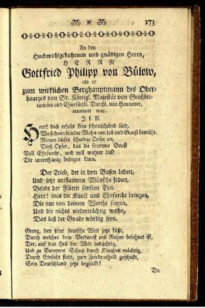 An Se. Hochwohlgebohrnen, den Herrn Berghauptmann von Bülow, eine Cantate.