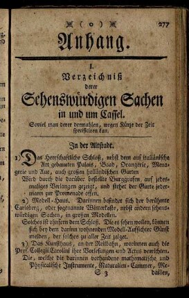 I. Verzeichniß derer Sehenswürdigen Sachen in und um Cassel