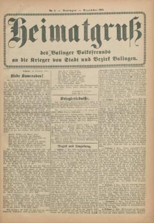 3.1915: Heimatgruß des Balinger Volksfreunds an die Krieger von Stadt und Bezirk Balingen