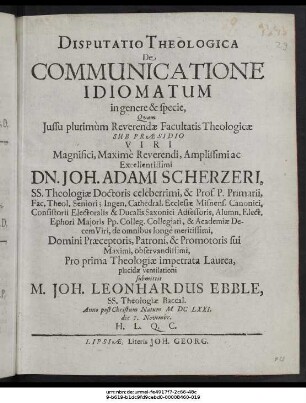Disputatio Theologica De Communicatione Idiomatum in genere & specie