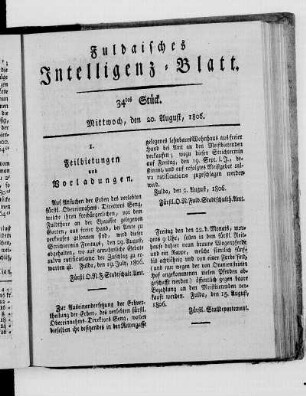 34tes Stück, Ausgabe vom 20. August 1806