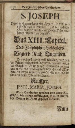 S. Joseph [...]. Das XIII. Capitel. Des Josephischen Liebhabers Begierd Nach Tugenden.