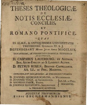 Theses theol. de notis ecclesiae conciliis et romano pontifice