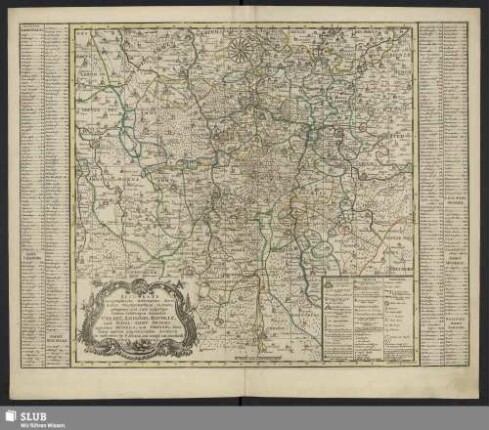 Accurate Geographische Delineation derer in dem Churfürstenthum Sachsen, gelegenen und zum Leipziger Creisse Gehörigen Aemmter Coldiz, Leissnig, Rochliz, und Schul-Ammt Grimma ingleichen Mügeln, und Sornzig, samt vielen andern angrenzenden Aemtern
