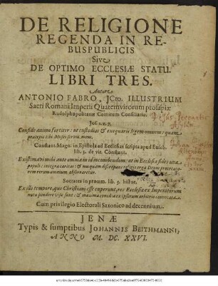 De Religione Regenda In Rebuspublicis Sive De Optimo Ecclesiae Statu Libri Tres