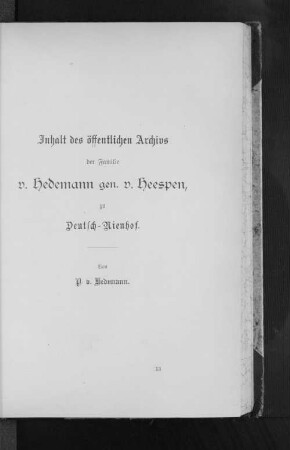 Inhalt des öffentlichen Archivs der Familie v. Hedemann gen. v. Heespen zu Deutsch-Nienhof