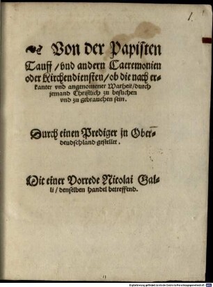 Von der Papisten Tauff und andern Caeremonien ...