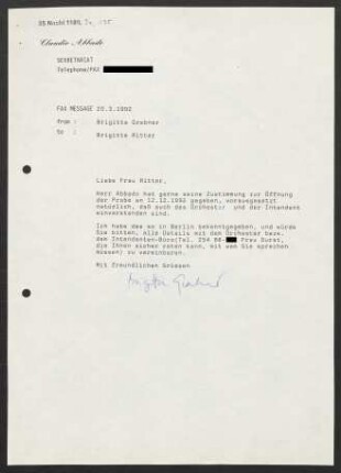 Brief an Brigitte Ritter, 20.03.1992