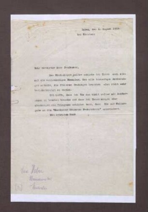 Durchschlag eines Schreiben von Prinz Max von Baden an Max Weber; Zusendung einer Publikation zwecks Korrekturen