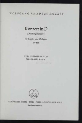 Konzert in D ("Krönungskonzert") : für Klavier und Orchester : KV 537