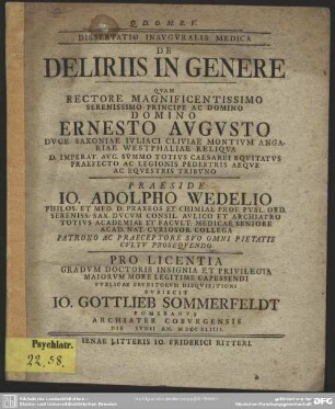 Dissertatio Inauguralis Medica De Deliriis In Genere