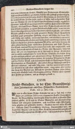 CXVIII. Reichs-Gutachten, in der Chur-Braunschweigischen Introductions- und Chur-Böhmischen Readmißions-Sache, vom 30. Jun. 1708